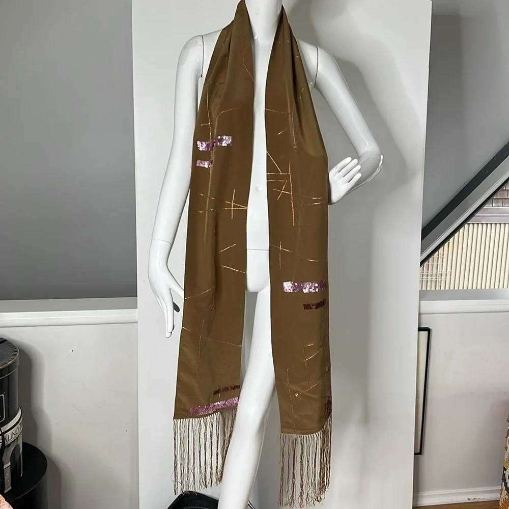Geometric Silk 110” Scarf with Fringe and Beads - Picture 3 of 6